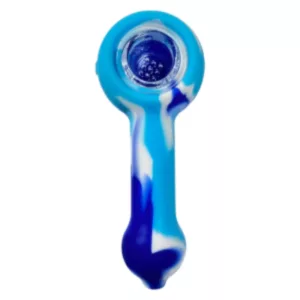 Handheld silicone pipe with blue & white swirl pattern, small handle & large smoking hole for tobacco or other substances.