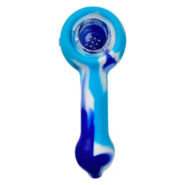 Handheld silicone pipe with blue & white swirl pattern, small handle & large smoking hole for tobacco or other substances.