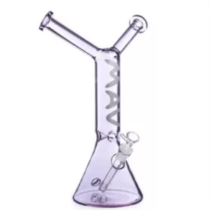 A clear glass bong with a small circular base and mouthpiece, and a long curved neck.