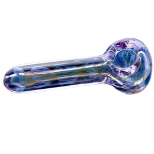 Glass pipe with blue and purple swirl design, long curved shape, clear bowl with small circular hole, sitting on white background.