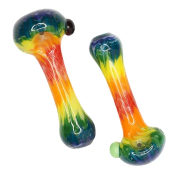 Multicolored tie-dye rainbow glass wrap and clear glass rake with straight handle from Multiverse Glass.