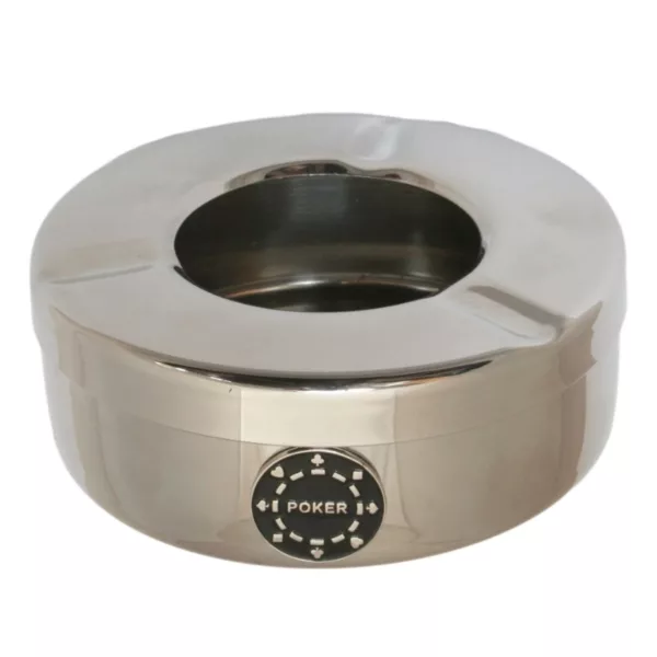 Stainless steel circular ashtray with small central hole and raised border. Smooth surface and good condition.