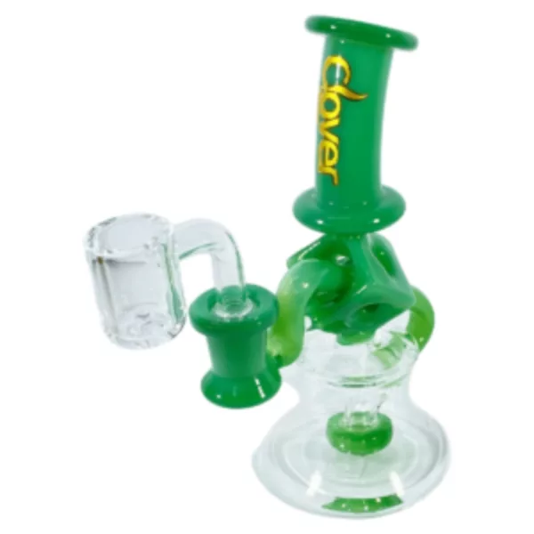 Green glass water pipe with clear bowl and stem, adorned with clear acrylic mouthpiece and perforated for airflow.