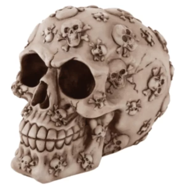 Brown stone skull with intricate floral design, closed eyes and serious expression. Pacific Trading. Money Skull Box.