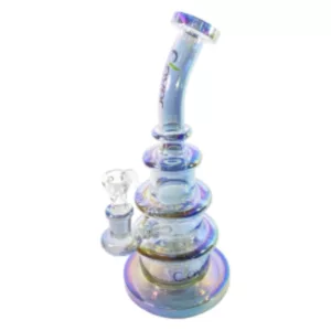 Transparent, multicolored body with clear stem. Tilted angle and perpendicular stem.
