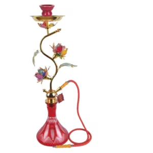 Red hookah with floral design and metal stem/base. Small red light on stem.