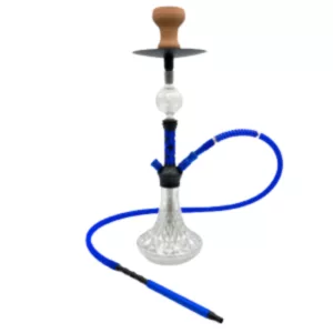 Stylish clear hookah with blue hose and handle, perfect for smoking sessions. Comes with drip tray for easy cleaning.