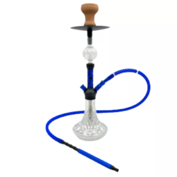 Stylish clear hookah with blue hose and handle, perfect for smoking sessions. Comes with drip tray for easy cleaning.