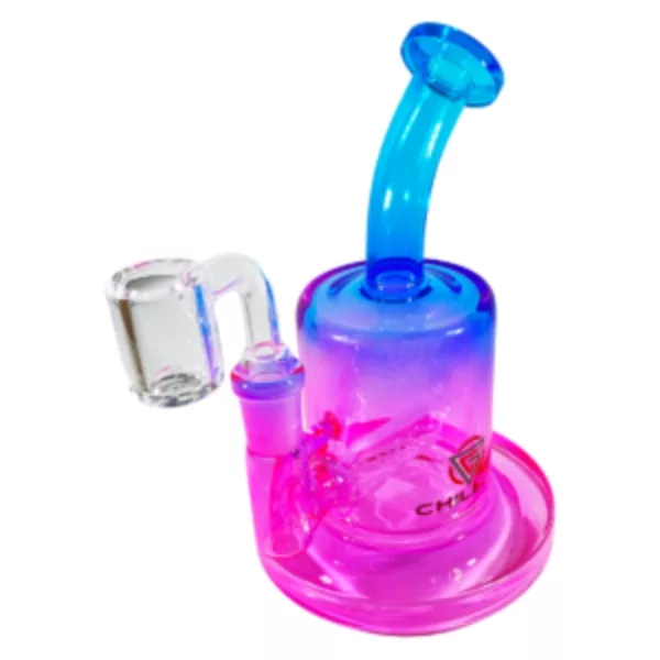 Glass water pipe with pink and blue tint, featuring small and large bowls connected by a clear tube.