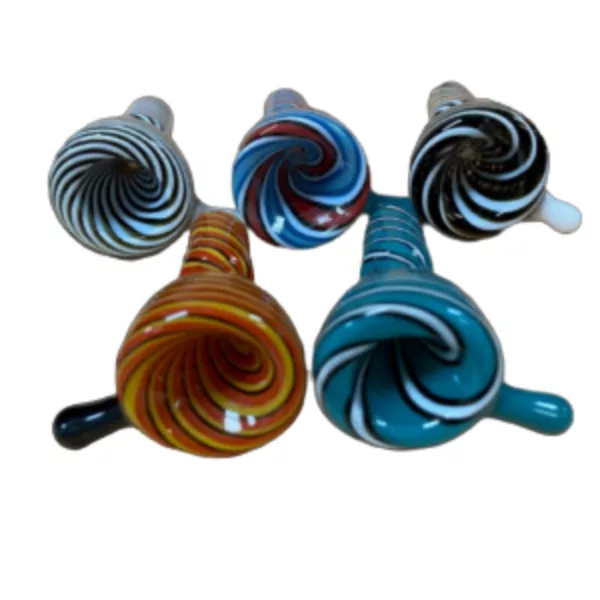 Handmade glass swirl bowl with blue, green, and yellow colors, perfect for smoking pipes or hookahs.