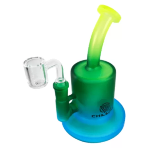 A blue and green tinted glass bong with a small, round base and long, curved neck on a white background.