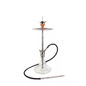 Glass hookah with long plastic hose and metal base. Sitting on white background.