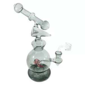 A clear glass smoking cauldron water pipe with a long, curved tube and a small handle on the larger end.