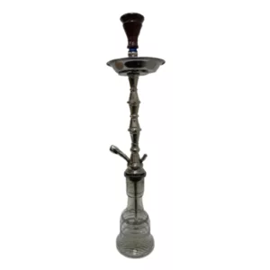 Handcrafted glass hookah bowl with blue and green designs, attached metal cup, and sturdy metal stem with a decorative ring.