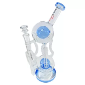 Blue and clear glass water pipe with clear glass head and stem, perfect for smoking.