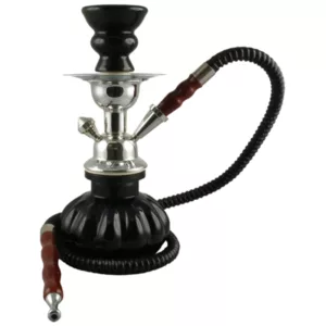 Metal hookah with black base, silver top, long rubber hose, and decorative wooden box on handle. A261.