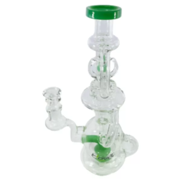 Clear glass bong with green accent, straight taper, tall bowl, and percolator. Taller than average beaker shape.