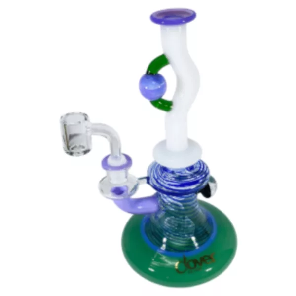 colorful glass waterpipe with a clear stem and a blue and green base, available on a smoking company website.
