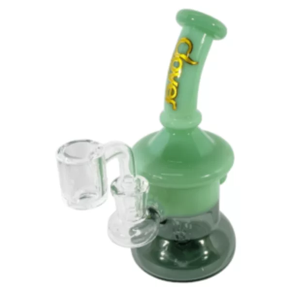 Green glass water pipe with honey jar attachment for boiling water and air flow control.