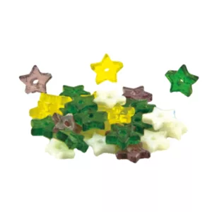 Green and yellow star-shaped glass beads form a uniform stack on a white background.