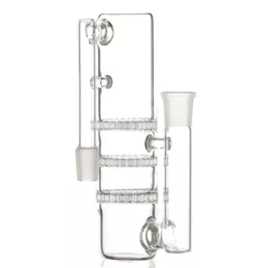 Triple-layer glass ash catcher with three holes: large in center, medium in middle, and small in top layer.