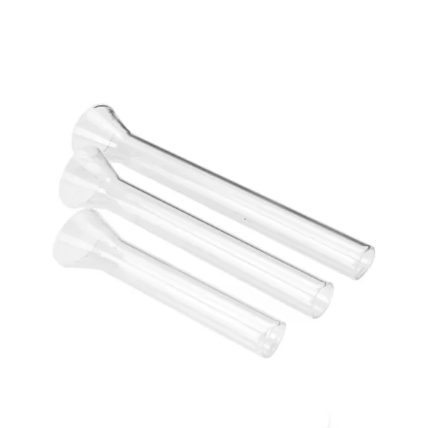 Clear plastic Martini Downstem Set with tapered downstem and screw-on mouthpiece, straight taper and open airflow hole.