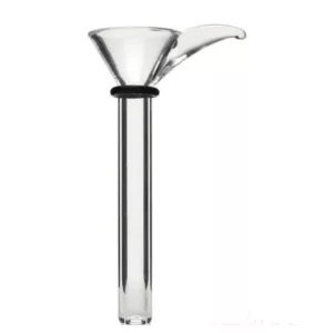 Clear glass martini funnel slide for single shot of liquor, with curved base and straight walls, small spout and large base.