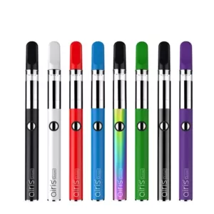 Quaser-Aristech offers a range of sleek, modern e-cigarettes in five different colors: blue, green, purple, red, and white. Made of plastic and cylindrical in shape, each e-cigarette has a small rectangular mouthpiece and a single visible battery on the side.