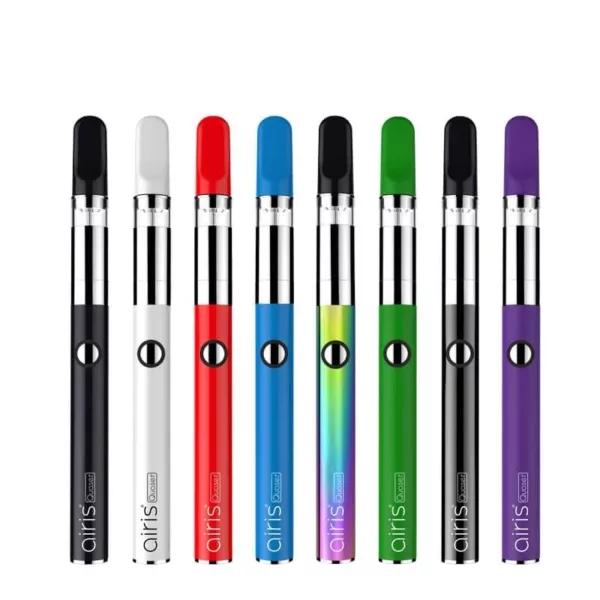 Quaser-Aristech offers a range of sleek, modern e-cigarettes in five different colors: blue, green, purple, red, and white. Made of plastic and cylindrical in shape, each e-cigarette has a small rectangular mouthpiece and a single visible battery on the side.