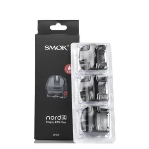 Set of 3 Nord 4 Replacement Pods for e-cigarettes. Transparent, with circular base and mouthpiece. Comes in white packaging with black text and image.