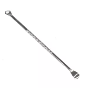 Stainless steel dabber with sharp tip for scraping cannabis buds and chain for hanging.