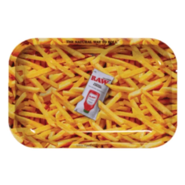 A small metal tray with a grid pattern of crispy, golden brown French fries arranged in an appetizing and inviting way. The image is well lit and well composed, with the fries taking up most of the frame and a minimal white background.