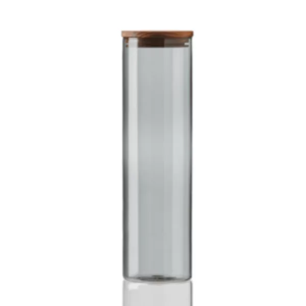 A tall, clear glass vase with a wooden base and small wooden lid. Cylinder shape, smooth surface, no handles. Used for storing small objects or as a decorative piece.