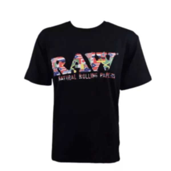 Bold and vibrant black t-shirt with raw in red, white, and blue on the chest. Modern and eye-catching design. Short sleeves and round neckline. Perfect for showing your love for RAW.