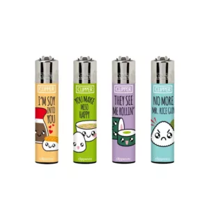 5 unique lighters with cartoon designs: smiling cat, penguin holding fish, chicken in bow tie, panda with bamboo leaf, and crab holding fish.
