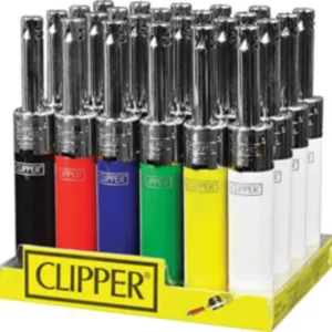 Assorted mini tubes/clippers in various colors on transparent display case with white background.