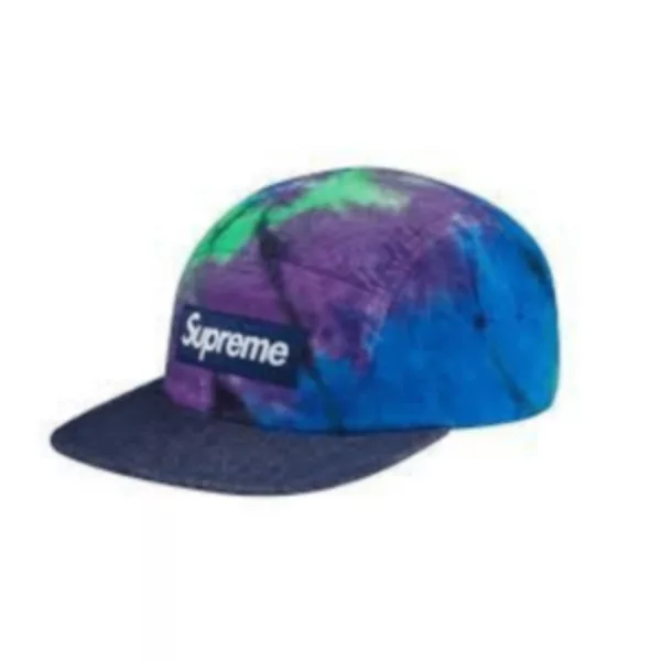Lightweight, breathable tie-dye hat with 'Supreme' front logo, adjustable strap, and mesh lining for comfort. Perfect for outdoor activities and everyday wear.