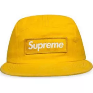 Yellow Supreme Plant Hat with black logo, adjustable strap, and sewn construction. Unknown if cap or beanie.
