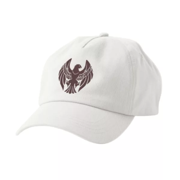 White baseball cap with brown eagle logo on front. Adjustable strap, lightweight breathable fabric.