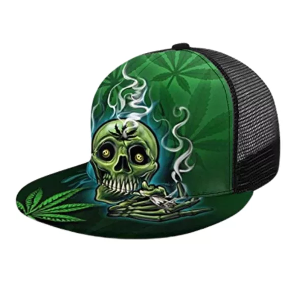 Green and black skull cap with leaf pattern, 'Smoke Company' logo, and smoking skull graphic.