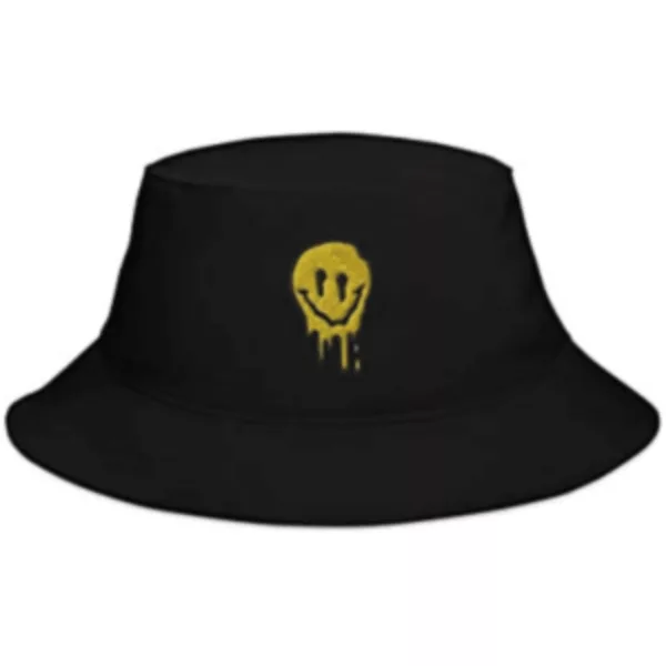 Black bucket hat with yellow smiley face, adjustable strap, lightweight, breathable fabric, suitable for casual and formal wear.