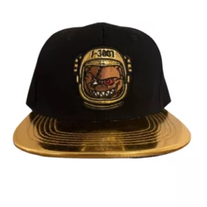 Black and gold snapback hat with gold embroidered Astronaut patch, adjustable strap, flat brim, outdoor activity design.