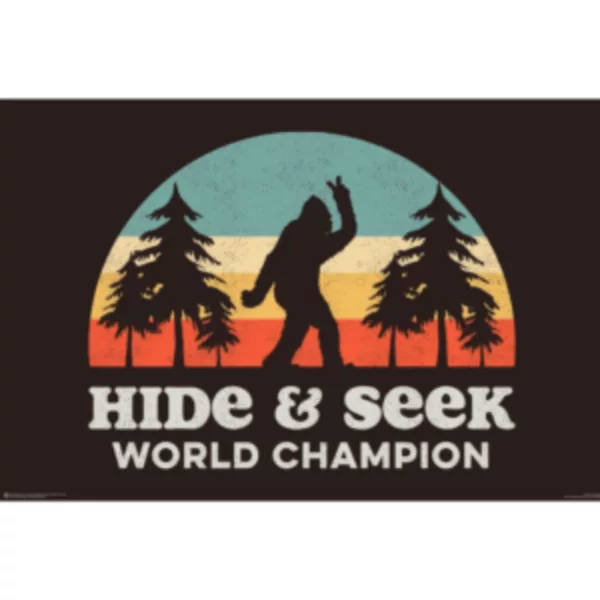 Yeti-themed poster shows Bigfoot standing on two legs, holding a stick in a forest. Text reads 'Hide and Seek'. Distressed font and green/brown gradient background.