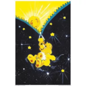 Playful Care Bear hangs from zipper, smiling in starry sky background. Bright yellow and blue colors. Adventure awaits!