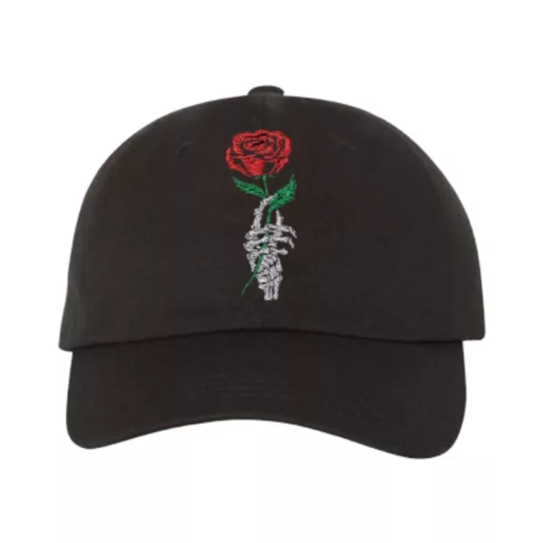 Black baseball cap with red embroidered rose and 'Hand Rose' text on left side, listed as AL739 on smoking company website.