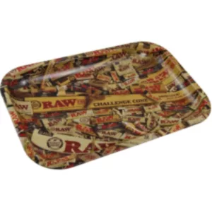 Elegant metal tray with ornate design and high-quality finish, featuring images of smoking products such as cigarettes, rolling papers, and lighters. Perfect for gifting.
