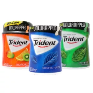 Trident Stash offers a variety of flavors in three different cans, featuring images of fruits and vegetables.