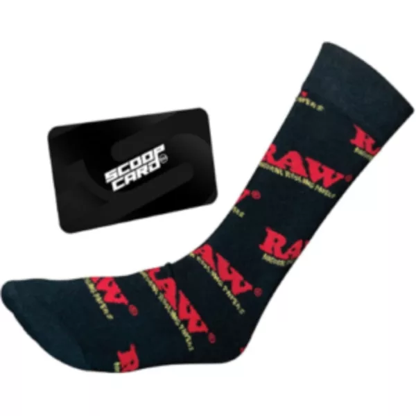Comfortable and durable black socks with Raw text in red and yellow, accompanied by a matching gift card. Great for raw food enthusiasts.