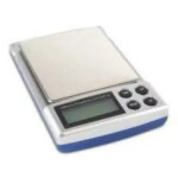 Compact, plastic electronic scale with blue and white casing and clear digital display.