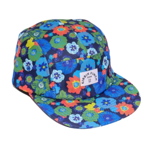The Navy Floral V Hat from AL648 features a blue and orange floral pattern, white patch with Floral Paradise text, and an adjustable strap for a comfortable fit. Made of lightweight, breathable fabric.